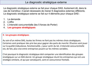 Le diagnostic stratégique externe
E-commerce
(ex.: Ooshop)
Cash & Carry
(ex.: Promocash)
Enseigne de
proximité
(ex.: Shopi)
Hard Discount
(ex.: Ed)
Supermarché
(ex.: Carrefour Market)
Le diagnostic stratégique externe se fait pour chaque DAS. Autrement dit, dans le
cas de Carrefour, il serait nécessaire de mener 6 diagnostics externes différents.
Le diagnostic stratégique externe se fait sur 4 éléments pour chaque DAS :
1. La demande
2. L’offre
3. L’intensité concurrentielle (les 5 forces de Porter)
4. Les groupes stratégiques
4 - Les groupes stratégiques
Au sein d’un même DAS, toutes les firmes ne font pas les mêmes choix stratégiques.
Certaines vont pratiquer des prix bas pour gagner des parts de marché. D’autres vont jouer
sur la qualité (robustesse, fonctionnalité…) pour sortir du lot. L’intensité concurrentielle
est, de fait, plus vive entre entreprises jouant sur les mêmes variables.
C’est pourquoi le diagnostic stratégique doit comporter une identification des groupes
stratégiques sur un DAS donné. Un groupe stratégique réunit les entreprises qui ont une
stratégie similaire, et qui par conséquent, sont en concurrence frontale.nt nt en
concurrence frontale.
 