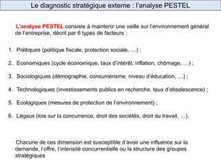 L’analyse PESTEL consiste à maintenir une veille sur l’environnement général
de l’entreprise, décrit par 6 types de facteurs :
1. Politiques (politique fiscale, protection sociale, …) ;
2. Economiques (cycle économique, taux d’intérêt, inflation, chômage, …) ;
3. Sociologiques (démographie, consumérisme, niveau d’éducation, …) ;
4. Technologiques (investissements publics en recherche, taux d’obsolescence) ;
5. Ecologiques (mesures de protection de l’environnement) ;
6. Légaux (lois sur la concurrence, droit des sociétés, droit du travail, …).
Chacune de ces dimension est susceptible d’avoir une influence sur la
demande, l’offre, l’intensité concurrentielle ou la structure des groupes
stratégiques
Le diagnostic stratégique externe : l’analyse PESTEL
 