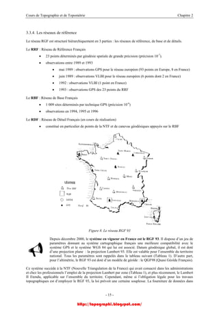 Cours de Topographie et de Topométrie Chapitre 2
3.3.4. Les réseaux de référence
Le réseau RGF est structuré hiérarchiquement en 3 parties : les réseaux de référence, de base et de détails.
Le RRF : Réseau de Référence Français
• 23 points déterminés par géodésie spatiale de grande précision (précision 10-7
).
• observations entre 1989 et 1993
• mai 1989 : observations GPS pour le réseau européen (93 points en Europe, 8 en France)
• juin 1989 : observations VLBI pour le réseau européen (6 points dont 2 en France)
• 1992 : observations VLBI (1 point en France)
• 1993 : observations GPS des 23 points du RRF
Le RBF : Réseau de Base Français
• 1 009 sites déterminés par technique GPS (précision 10-6
)
• observations en 1994, 1995 et 1996
Le RDF : Réseau de Détail Français (en cours de réalisation)
• constitué en particulier de points de la NTF et de canevas géodésiques appuyés sur le RBF
Figure 8. Le réseau RGF 93
Depuis décembre 2000, le système en vigueur en France est le RGF 93. Il dispose d’un jeu de
paramètres donnant au système cartographique français une meilleure compatibilité avec le
système GPS et le système WGS 84 qui lui est associé. Datum géodésique global, il est doté
d’une projection plane : la projection Lambert 93. Elle est valable pour l’ensemble du territoire
national. Tous les paramètres sont rappelés dans le tableau suivant (Tableau 1). D’autre part,
pour l’altimétrie, le RGF 93 est doté d’un modèle de géoïde : le QGF98 (Quasi Géoïde Français).
Ce système succède à la NTF (Nouvelle Triangulation de la France) qui avait consacré dans les administrations
et chez les professionnels l’emploi de la projection Lambert par zone (Tableau 1), et plus récemment, le Lambert
II Etendu, applicable sur l’ensemble du territoire. Cependant, même si l’obligation légale pour les travaux
topographiques est d’employer le RGF 93, la loi prévoit une certaine souplesse. La fourniture de données dans
- 15 -
http://topographi.blogspot.com/
 