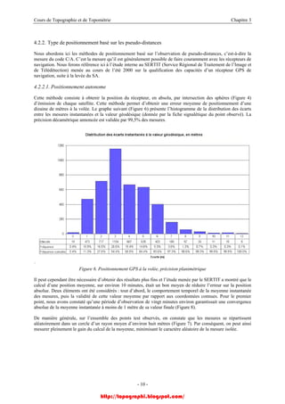 Cours de Topographie et de Topométrie Chapitre 3
4.2.2. Type de positionnement basé sur les pseudo-distances
Nous abordons ici les méthodes de positionnement basé sur l’observation de pseudo-distances, c’est-à-dire la
mesure du code C/A. C’est la mesure qu’il est généralement possible de faire couramment avec les récepteurs de
navigation. Nous ferons référence ici à l’étude interne au SERTIT (Service Régional de Traitement de l’Image et
de Télédétection) menée au cours de l’été 2000 sur la qualification des capacités d’un récepteur GPS de
navigation, suite à la levée du SA.
4.2.2.1. Positionnement autonome
Cette méthode consiste à obtenir la position du récepteur, en absolu, par intersection des sphères (Figure 4)
d’émission de chaque satellite. Cette méthode permet d’obtenir une erreur moyenne de positionnement d’une
dizaine de mètres à la volée. Le graphe suivant (Figure 6) présente l’histogramme de la distribution des écarts
entre les mesures instantanées et la valeur géodésique (donnée par la fiche signalétique du point observé). La
précision décamétrique annoncée est validée par 99,5% des mesures.
Figure 6. Positionnement GPS à la volée, précision planimétrique
Il peut cependant être nécessaire d’obtenir des résultats plus fins et l’étude menée par le SERTIT a montré que le
calcul d’une position moyenne, sur environ 10 minutes, était un bon moyen de réduire l’erreur sur la position
absolue. Deux éléments ont été considérés : tout d’abord, le comportement temporel de la moyenne instantanée
des mesures, puis la validité de cette valeur moyenne par rapport aux coordonnées connues. Pour le premier
point, nous avons constaté qu’une période d’observation de vingt minutes environ garantissait une convergence
absolue de la moyenne instantanée à moins de 1 mètre de sa valeur finale (Figure 8).
De manière générale, sur l’ensemble des points test observés, on constate que les mesures se répartissent
aléatoirement dans un cercle d’un rayon moyen d’environ huit mètres (Figure 7). Par conséquent, on peut ainsi
mesurer pleinement le gain du calcul de la moyenne, minimisant le caractère aléatoire de la mesure isolée.
- 10 -
http://topographi.blogspot.com/
 