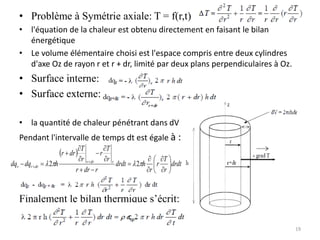 • Problème à Symétrie axiale: T = f(r,t)
• l'équation de la chaleur est obtenu directement en faisant le bilan
énergétique
• Le volume élémentaire choisi est l'espace compris entre deux cylindres
d'axe Oz de rayon r et r + dr, limité par deux plans perpendiculaires à Oz.
• Surface interne:
• Surface externe:
• la quantité de chaleur pénétrant dans dV
Pendant l'intervalle de temps dt est égale à :
Finalement le bilan thermique s’écrit:
19
 
drdt
r
T
r
r
h
drdt
r
dr
r
r
T
r
r
T
dr
r
h
dq
dq r
dr
r
dr
r
r 



















 
 


 2
2
cp
 