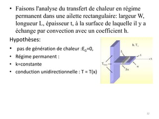 • Faisons l'analyse du transfert de chaleur en régime
permanent dans une ailette rectangulaire: largeur W,
longueur L, épaisseur t, à la surface de laquelle il y a
échange par convection avec un coefficient h.
Hypothèses:
• pas de génération de chaleur :EG=0,
• Régime permanent :
• k=constante
• conduction unidirectionnelle : T = T(x)
32
 