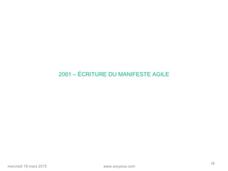 www.sooyoos.commercredi 18 mars 2015
18
2001 – ÉCRITURE DU MANIFESTE AGILE
 