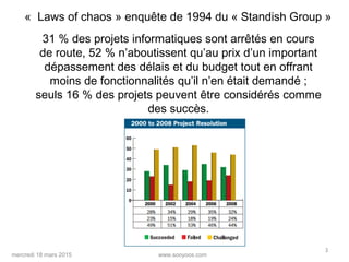 www.sooyoos.commercredi 18 mars 2015
3
«  Laws of chaos » enquête de 1994 du « Standish Group »
31 % des projets informatiques sont arrêtés en cours
de route, 52 % n’aboutissent qu’au prix d’un important
dépassement des délais et du budget tout en offrant
moins de fonctionnalités qu’il n’en était demandé ;
seuls 16 % des projets peuvent être considérés comme
des succès.
 
