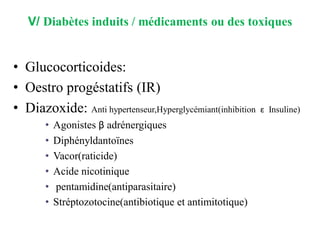 V/ Diabètes induits / médicaments ou des toxiques
• Glucocorticoides:
• Oestro progéstatifs (IR)
• Diazoxide: Anti hypertenseur,Hyperglycémiant(inhibition ε Insuline)
• Agonistes β adrénergiques
• Diphényldantoïnes
• Vacor(raticide)
• Acide nicotinique
• pentamidine(antiparasitaire)
• Stréptozotocine(antibiotique et antimitotique)
 