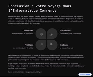 Conclusion : Votre Voyage dans
l'Informatique Commence
Félicitations ! Vous avez fait vos premiers pas dans le vaste et fascinant univers de l'informatique. Vous avez appris ce
qu'est un ordinateur, découvert ses composants clés, compris le rôle essentiel du système d'exploitation et exploré la
distinction entre Internet et le Web. Plus important encore, vous avez été sensibilisé aux bonnes pratiques de sécurité,
une compétence indispensable à l'ère numérique.
Ce cours n'est qu'un point de départ. Le monde de l'informatique est en constante évolution, et l'apprentissage est un
processus continu. Nous vous encourageons à continuer d'explorer, de poser des questions et d'expérimenter. Plus vous
pratiquerez et vous renseignerez, plus vous serez à l'aise et efficace avec les outils numériques.
N'ayez pas peur d'appuyer sur les boutons et de faire des erreurs, c'est souvent la meilleure façon d'apprendre. Le
numérique est une compétence essentielle du 21e siècle, et vous êtes maintenant armé des connaissances de base pour
continuer votre progression.
Bonne continuation dans votre parcours numérique !
Comprendre
Les fondamentaux de l'ordinateur.
Fonctionner
Comment les pièces s'assemblent.
Explorer
Le monde d'Internet.
Protéger
Vos données et votre vie privée.
 