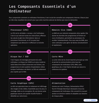 Les Composants Essentiels d'un
Ordinateur
Pour comprendre comment un ordinateur fonctionne, il est crucial de connaître ses composants internes. Chacun joue
un rôle vital, travaillant de concert pour que votre machine exécute les tâches que vous lui demandez.
Processeur (CPU)
Le CPU est le véritable « cerveau » de l'ordinateur.
C'est lui qui exécute toutes les instructions, effectue
les calculs et gère les informations. Sans un
processeur fonctionnel, un PC ne peut tout
simplement pas démarrer ni effectuer la moindre
opération.
Mémoire Vive (RAM)
La RAM est une mémoire temporaire ultra-rapide. Elle
stocke les données des programmes et fichiers en
cours d'utilisation, permettant au processeur d'y
accéder instantanément. Plus vous avez de RAM, plus
votre ordinateur peut gérer de tâches simultanément
et rapidement.
Disque Dur / SSD
C'est l'espace de stockage permanent de votre
ordinateur. Le disque dur (HDD) ou le plus moderne
Solid State Drive (SSD) conservent vos fichiers, vos
programmes et votre système d'exploitation même
lorsque l'ordinateur est éteint. Le SSD est nettement
plus rapide que le HDD.
Carte Mère
La carte mère est le circuit imprimé principal qui relie
et permet la communication entre tous les
composants de l'ordinateur (CPU, RAM, carte
graphique, etc.). C'est l'épine dorsale qui assure la
cohérence du système.
Carte Graphique (GPU)
Le GPU est spécialisé dans le traitement et l'affichage
des images et des vidéos. Essentielle pour les jeux, le
montage vidéo ou la conception 3D, une bonne carte
graphique assure une qualité visuelle fluide et
détaillée sur votre écran.
Alimentation
Comme son nom l'indique, l'alimentation (PSU)
fournit l'énergie électrique nécessaire à tous les
composants de l'ordinateur. Elle convertit le courant
secteur en tensions stables et adaptées aux besoins
de chaque pièce.
 