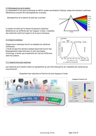 Cours Eclairage STI 2D Page 2 sur 8
2-1) Décomposition de la lumière
Le rayonnement d'une source lumineuse se définit comme une émission d'énergie comportant plusieurs radiations
élémentaires, pouvant être décomposée par un prisme.
La lumière du soleil est la réunion de plusieurs radiations
élémentaires, qui diffèrent par leur longueur d'onde. L'ensemble
des radiations constitue le spectre de la source lumineuse.
2-2) Spectre lumineux
Chaque source lumineuse fournit un ensemble de radiations
différentes.
L'étude de spectres lumineux (analyse spectrale) fournit des
Renseignements importants pour le choix des lampes
d'éclairage, d'autant que la sensibilité de l'œil est différente
selon les couleurs.
2-3- Classification des radiations
Les radiations de la lumière visible ne représentent qu'une très faible partie de l'ensemble des radiations qui
nous entourent.
Classement des radiations en fonction de leurs longueurs d'onde.
Longueur d’onde en nm
Décomposition de la lumière du soleil par un prisme :
 