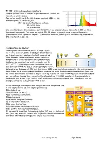 Cours Eclairage STI 2D Page 5 sur 8
5) IRC - indice de rendu des couleurs
C’est ce qui caractérise la source à ne pas déformer les couleurs par
rapport à la lumière solaire
Exprimé par un chiffre de 0 à 100 , la valeur maximale d’IRC est 100,
elle correspond à la lumière du jour.
IRC > 90 Excellent rendu des couleurs.
80<IRC<90 BON
IRC < 60 mauvais
Une ampoule ordinaire à incandescence a un IRC de 97, et une ampoule halogène s’approche de 100. Les tubes
lumineux et les ampoules fluocompactes vont de 50 à 98, suivant la composition de la poudre fluorecente
quitapisse leur verre. Quant aux lampes à LEDs blanches dumarché, dont la qualité varie beaucoup, elles ont des
IRC qui s’étalent de 60 à 90.
Température de couleur
C’est la gamme de couleurs que produit la lampe : depuis
les «teintes chaudes», comme si les objets étaient éclairés
par le soleil couchant, jusqu’aux «teintes froides» où les
bleus dominent, comme sous le soleil intense de midi. La
température de couleur est donnée en degrés Kelvin (K).
Les lampes qui produisent une lumière «chaude» vont de
2500 à 3000 K, celles qui produisent une lumière «neutre»
sont à environ 4500 K. Au-delà, la lumière paraît plus «crue».
La température de couleur et l’IRC sont deux choses différentes: ce n’est pas parce qu’un tube lumineux ou une
lampe à LEDs porte la mention «type lumière du jour» que son indice de rendu des couleurs sera forcément bon
La couleur de la lumière, exprimée en degrés kelvin (K). Plus elle est basse (< 4000 K), plus la lumière émise tend
vers les couleurs chaudes, donc reposantes. Plus elle est élevée (> 5300 K), plus elle est dynamique et plus la
lumière tire vers le bleu, ce qui convient plutôt aux bureaux, cuisines ou salles de bain. La lumière du jour, par
exemple, correspond en moyenne à 5600 K le midi.
1) Sur l’emballage d’une ampoule sont indiqués sa classe énergétique (de
A pour les plus sobres à G pour les plus gourmandes).
2) La durée de vie.
3) La puissance (en watts).
4) Le flux lumineux (en lumens).
5) Les dimensions.
6) Le nombre de cycles d’allumage
7) la température de couleur.
8) Le temps de chauffage.
9) l’utilisation avec un variateur d’intensité.
10)La quantité de mercure dans l’ampoule.
11) La capacité à restituer les couleurs (indice IRC) plus cet indice est
fort (maxi 100), mieux les couleurs sont respectées, les indices inférieurs
à 80 étant interdits à la vente pour les lampes fluocompactes.
 