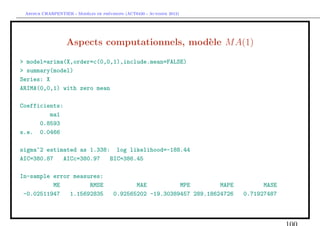 `         ´
 Arthur CHARPENTIER - Modeles de previsions (ACT6420 - Automne 2012)




                  Aspects computationnels, mod`le M A(1)
                                              e
> model=arima(X,order=c(0,0,1),include.mean=FALSE)
> summary(model)
Series: X
ARIMA(0,0,1) with zero mean

Coefficients:
         ma1
      0.8593
s.e. 0.0466

sigma^2 estimated as 1.338: log likelihood=-188.44
AIC=380.87   AICc=380.97   BIC=386.45

In-sample error measures:
          ME         RMSE                     MAE          MPE         MAPE         MASE
 -0.02511947   1.15692835              0.92565202 -19.30389457 289.18624726   0.71927487
 