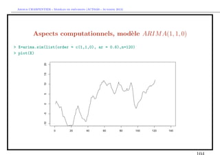`         ´
 Arthur CHARPENTIER - Modeles de previsions (ACT6420 - Automne 2012)




          Aspects computationnels, mod`le ARIM A(1, 1, 0)
                                      e
> X=arima.sim(list(order = c(1,1,0), ar = 0.6),n=120)
> plot(X)
 