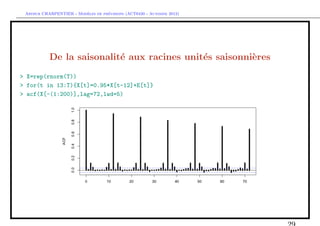 `         ´
 Arthur CHARPENTIER - Modeles de previsions (ACT6420 - Automne 2012)




           De la saisonalit´ aux racines unit´s saisonni`res
                           e                 e          e
> X=rep(rnorm(T))
> for(t in 13:T){X[t]=0.95*X[t-12]+E[t]}
> acf(X[-(1:200)],lag=72,lwd=5)
 