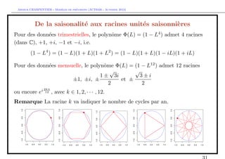 `         ´
 Arthur CHARPENTIER - Modeles de previsions (ACT6420 - Automne 2012)




           De la saisonalit´ aux racines unit´s saisonni`res
                           e                 e          e
Pour des donn´es trimestrielles, le polynˆme Φ(L) = (1 − L4 ) admet 4 racines
              e                          o
(dans C), +1, +i, −1 et −i, i.e.
        (1 − L4 ) = (1 − L)(1 + L)(1 + L2 ) = (1 − L)(1 + L)(1 − iL)(1 + iL)

Pour des donn´es mensuelle, le polynˆme Φ(L) = (1 − L12 ) admet 12 racines
             e                       o
                                        √      √
                                   1 ± 3i        3±i
                      ±1, ±i, ±           et ±
                                       2          2
                 2kπ
ou encore ei      12   , avec k ∈ 1, 2, · · · , 12.
Remarque La racine k va indiquer le nombre de cycles par an.
 