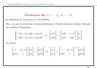 `         ´
 Arthur CHARPENTIER - Modeles de previsions (ACT6420 - Automne 2012)




                         Estimation des φ1 , · · · , φp , θ1 , · · · , θq
• utilisation les ´quations de Yule-Walker
                  e
On a vu que les fonctions d’autocorr´lations et d’autocovariance ´taient li´es par
                                    e                            e         e
un syst`me d’´quations,
       e     e
                                                               
          γ(1) = φ γ(0) + φ γ(1)          γ(1)      γ(0) γ(−1)      φ
                    1        2
                                     i.e.     =                  1
          γ(2) = φ1 γ(1) + φ2 γ(0)        γ(2)      γ(1) γ(0)       φ2

ou encore,
                                                   −1     
         1   ρ(−1)    φ      ρ(1)        φ        1   ρ(−1)      ρ(1)
                    1 =      i.e.  1  =                   
        ρ(1)   1      φ2     ρ(2)        φ2      ρ(1)   1        ρ(2)
 
