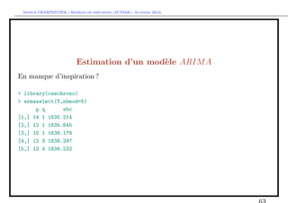 `         ´
 Arthur CHARPENTIER - Modeles de previsions (ACT6420 - Automne 2012)




                          Estimation d’un mod`le ARIM A
                                             e
En manque d’inspiration ?

> library(caschrono)
> armaselect(Y,nbmod=5)
      p q      sbc
[1,] 14 1 1635.214
[2,] 12 1 1635.645
[3,] 15 1 1638.178
[4,] 12 3 1638.297
[5,] 12 4 1639.232
 