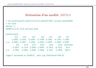 `         ´
 Arthur CHARPENTIER - Modeles de previsions (ACT6420 - Automne 2012)




                          Estimation d’un mod`le ARIM A
                                             e
> fit.ar14=arima(Y,order=c(14,0,0),method="CSS",include.mean=FALSE)
> fit.ar14
Series: Y
ARIMA(14,0,0) with non-zero mean

Coefficients:
         ar1    ar2      ar3     ar4                       ar5     ar6    ar7
      0.2495 0.2105 -0.0584 -0.1569                     0.1282 -0.1152 0.0268
s.e. 0.0956 0.0972    0.0854  0.0830                    0.0838  0.0840 0.0847
          ar9    ar10    ar11   ar12                       ar13    ar14 intercept
      -0.0327 -0.1116 0.2649 0.5887                     -0.1575 -0.1572   80.5
s.e.   0.0855  0.0851 0.0853 0.0886                      0.1031  0.0999  338.9

sigma^2 estimated as 2218612:              part log likelihood=-942.31
 