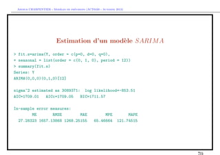 `         ´
 Arthur CHARPENTIER - Modeles de previsions (ACT6420 - Automne 2012)




                         Estimation d’un mod`le SARIM A
                                            e
> fit.s=arima(Y, order = c(p=0, d=0, q=0),
+ seasonal = list(order = c(0, 1, 0), period = 12))
> summary(fit.s)
Series: Y
ARIMA(0,0,0)(0,1,0)[12]

sigma^2 estimated as 3089371: log likelihood=-853.51
AIC=1709.01   AICc=1709.05   BIC=1711.57

In-sample error measures:
        ME       RMSE        MAE                      MPE            MAPE
  27.28323 1657.13868 1268.25155                 65.46664       121.74515
 