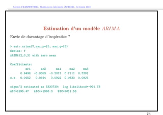 `         ´
 Arthur CHARPENTIER - Modeles de previsions (ACT6420 - Automne 2012)




                          Estimation d’un mod`le ARIM A
                                             e
Envie de davantage d’inspiration ?

> auto.arima(Y,max.p=15, max.q=15)
Series: Y
ARIMA(2,0,3) with zero mean

Coefficients:
         ar1     ar2                ma1         ma2        ma3
      0.9498 -0.9059            -0.2812      0.7111     0.3391
s.e. 0.0452   0.0444             0.0922      0.0630     0.0924

sigma^2 estimated as 5330739: log likelihood=-991.73
AIC=1995.47   AICc=1996.3   BIC=2011.56
 