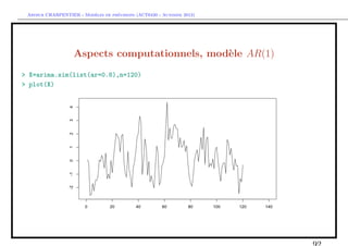 `         ´
 Arthur CHARPENTIER - Modeles de previsions (ACT6420 - Automne 2012)




                   Aspects computationnels, mod`le AR(1)
                                               e
> X=arima.sim(list(ar=0.8),n=120)
> plot(X)
 