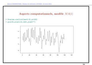 `         ´
 Arthur CHARPENTIER - Modeles de previsions (ACT6420 - Automne 2012)




                  Aspects computationnels, mod`le M A(1)
                                              e
> X=arima.sim(list(ma=0.8),n=120)
> plot(X,xlim=c(0,140),ylab="")
 