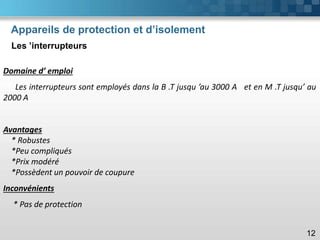 Appareils de protection et d’isolement
Les ’interrupteurs
12
Domaine d’ emploi
Les interrupteurs sont employés dans la B .T jusqu ’au 3000 A et en M .T jusqu’ au
2000 A
Avantages
* Robustes
*Peu compliqués
*Prix modéré
*Possèdent un pouvoir de coupure
Inconvénients
* Pas de protection
 