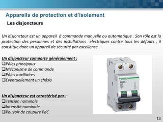 Appareils de protection et d’isolement
Les disjoncteurs
13
Un disjoncteur est un appareil à commande manuelle ou automatique . Son rôle est la
protection des personnes et des installations électriques contre tous les défauts , il
constitue donc un appareil de sécurité par excellence.
Un disjoncteur comporte généralement :
❑Pôles principaux
❑Mécanisme de commande
❑Pôles auxiliaires
❑Eventuellement un châsis
Un disjoncteur est caractérisé par :
❑Tension nominale
❑Intensité nominale
❑Pouvoir de coupure PdC
 