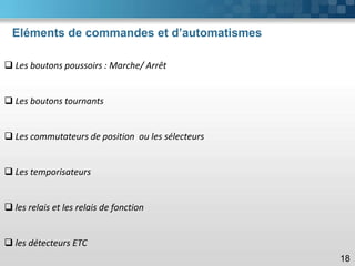 Eléments de commandes et d’automatismes
18
❑ Les boutons poussoirs : Marche/ Arrêt
❑ Les boutons tournants
❑ Les commutateurs de position ou les sélecteurs
❑ Les temporisateurs
❑ les relais et les relais de fonction
❑ les détecteurs ETC
 