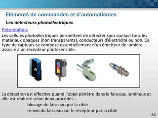 Eléments de commandes et d’automatismes
44
Présentation:
Les cellules photoélectriques permettent de détecter sans contact tous les
matériaux opaques (non transparents), conducteurs d’électricité ou non. Ce
type de capteurs se compose essentiellement d'un émetteur de lumière
associé à un récepteur photosensible.
La détection est effective quand l'objet pénètre dans le faisceau lumineux et
elle est réalisée selon deux procédés :
blocage du faisceau par la cible
renvoi du faisceau sur le récepteur par la cible
Les détecteurs photoélectriques
 