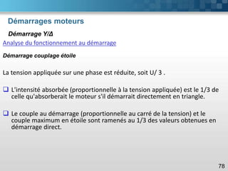 Démarrages moteurs
78
Démarrage Y/Δ
Analyse du fonctionnement au démarrage
Démarrage couplage étoile
La tension appliquée sur une phase est réduite, soit U/ 3 .
❑ L'intensité absorbée (proportionnelle à la tension appliquée) est le 1/3 de
celle qu'absorberait le moteur s'il démarrait directement en triangle.
❑ Le couple au démarrage (proportionnelle au carré de la tension) et le
couple maximum en étoile sont ramenés au 1/3 des valeurs obtenues en
démarrage direct.
 