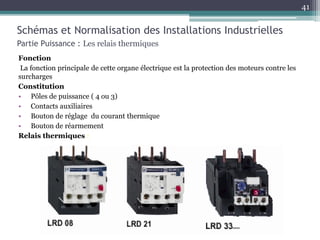 Schémas et Normalisation des Installations Industrielles
Partie Puissance : Les relais thermiques
Fonction
La fonction principale de cette organe électrique est la protection des moteurs contre les
surcharges
Constitution
• Pôles de puissance ( 4 ou 3)
• Contacts auxiliaires
• Bouton de réglage du courant thermique
• Bouton de réarmement
Relais thermiques :
41
 