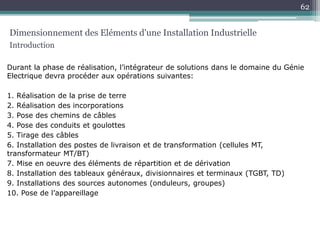 Durant la phase de réalisation, l’intégrateur de solutions dans le domaine du Génie
Electrique devra procéder aux opérations suivantes:
1. Réalisation de la prise de terre
2. Réalisation des incorporations
3. Pose des chemins de câbles
4. Pose des conduits et goulottes
5. Tirage des câbles
6. Installation des postes de livraison et de transformation (cellules MT,
transformateur MT/BT)
7. Mise en oeuvre des éléments de répartition et de dérivation
8. Installation des tableaux généraux, divisionnaires et terminaux (TGBT, TD)
9. Installations des sources autonomes (onduleurs, groupes)
10. Pose de l’appareillage
Dimensionnement des Eléments d'une Installation Industrielle
Introduction
62
 