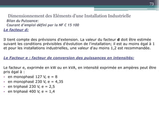 Le facteur d:
Il tient compte des prévisions d'extension. La valeur du facteur d doit être estimée
suivant les conditions prévisibles d'évolution de l'installation; il est au moins égal à 1
et pour les installations industrielles, une valeur d'au moins 1,2 est recommandée.
Le Facteur e : facteur de conversion des puissances en intensités:
Le facteur e, exprimée en kW ou en kVA, en intensité exprimée en ampères peut être
pris égal à :
• en monophasé 127 V, e = 8
• en monophasé 230 V, e = 4,35
• en triphasé 230 V, e = 2,5
• en triphasé 400 V, e = 1,4
Dimensionnement des Eléments d'une Installation Industrielle
Bilan du Puissance:
Courant d’emploi défini par la NF C 15 100
73
 