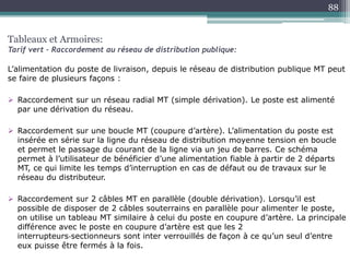 L’alimentation du poste de livraison, depuis le réseau de distribution publique MT peut
se faire de plusieurs façons :
 Raccordement sur un réseau radial MT (simple dérivation). Le poste est alimenté
par une dérivation du réseau.
 Raccordement sur une boucle MT (coupure d’artère). L’alimentation du poste est
insérée en série sur la ligne du réseau de distribution moyenne tension en boucle
et permet le passage du courant de la ligne via un jeu de barres. Ce schéma
permet à l’utilisateur de bénéficier d’une alimentation fiable à partir de 2 départs
MT, ce qui limite les temps d’interruption en cas de défaut ou de travaux sur le
réseau du distributeur.
 Raccordement sur 2 câbles MT en parallèle (double dérivation). Lorsqu’il est
possible de disposer de 2 câbles souterrains en parallèle pour alimenter le poste,
on utilise un tableau MT similaire à celui du poste en coupure d’artère. La principale
différence avec le poste en coupure d’artère est que les 2
interrupteurs‐sectionneurs sont inter verrouillés de façon à ce qu’un seul d’entre
eux puisse être fermés à la fois.
Tableaux et Armoires:
Tarif vert – Raccordement au réseau de distribution publique:
88
 