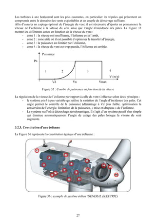 27
Les turbines à axe horizontal sont les plus courantes, en particulier les tripales qui présentent un
compromis entre le domaine des vents exploitables et un couple de démarrage suffisant.
Afin d’assurer un captage optimal de l’énergie du vent, il est nécessaire d’ajuster en permanence la
vitesse de l’éolienne à la vitesse du vent ainsi que l’angle d’incidence des pales. La Figure 35
montre les différentes zones en fonction de la vitesse du vent :
- zone 1 : la vitesse est insuffisante, l’éolienne est à l’arrêt,
- zone 2 : zone utile où il est possible d’optimiser le transfert d’énergie,
- zone 3 : la puissance est limitée par l’éolienne,
- zone 4 : la vitesse du vent est trop grande, l’éolienne est arrêtée.
Figure 35 : Courbe de puissance en fonction de la vitesse
La régulation de la vitesse de l’éolienne par rapport à celle du vent s’effectue selon deux principes :
- le système pitch à pas variable qui utilise la variation de l’angle d’incidence des pales. Cet
angle permet le contrôle de la puissance (démarrage à Vd plus faible, optimisation la
conversion de l’énergie, limitation de la puissance, « mise en drapeau » de l’éolienne.
- Le système stall où à décrochage aérodynamique. Il s’agit d’un système passif plus simple
qui diminue automatiquement l’angle de calage des pales lorsque la vitesse du vent
augmente.
3.2.3. Constitution d’une éolienne
La Figure 36 représente la constitution typique d’une éolienne :
Figure 36 : exemple de système éolien (GENERAL ELECTRIC)
Puissance
V (m/s)
Vd Vn Vmax
Pn
1 2 3 4
 
