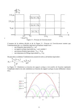 8
1
Figure 11 : Principe de l'entrelacement
L’examen de la relation (diS/dt) et de la Figure 11 : Principe de l'entrelacement montre que
l’entrelacement des « q » branches équivaut à un hacheur simple avec :
- une fréquence équivalente Feq = q.F
- un rapport cyclique équivalent αeq = q.α modulo 1
- une tension d'entrée équivalente : Veeq = Ve/q
- une inductance de filtrage équivalente Leq : L/q
On peut donc en déduire l’ondulation du courant de sortie iS du hacheur équivalent :
( ) ( )
qLF
α1α
V
.qF
q
L
α1α
q
V
∆I
eqeq
e
eqeq
e
S
−
=
−
=
La Figure 12 : Ondulation en fonction du rapport cyclique et du nombre de branches représente
l’amplitude relative de cette ondulation en fonction du rapport cyclique et pour différentes valeurs
de q.
0 0.2 0.4 0.6 0.8
0
0.2
0.4
0.6
0.8
∆is α 1,( )
∆is α 2,( )
∆is α 3,( )
∆is α 4,( )
α
∑
q
1
h
q
v
α < 1/q
α.T
= (α.q).T/q
T/q 2.T/q 3.T/q
t
Ve/q
2.Ve/q
1/q < α < 2/q
3.Ve/q
2/q < α < 3/q
 