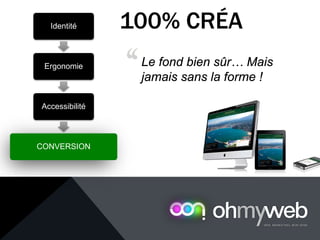 100% CRÉA
Le fond bien sûr… Mais
jamais sans la forme !‘‘
Identité
Ergonomie
Accessibilité
CONVERSION
 