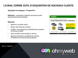 Typologie de campagne : Prospection
Définition : campagne à objectif commercial visant
exclusivement des prospects.
Objectifs :
• générer un premier achat
• élargir votre base de contacts
• qualifier vos prospects en identifiant leurs besoins
et centres d’intérêt
• faire connaître votre produit ou service
• générer des leads en qualifiant les centres
d’intérêts et les besoins des prospects
L’E-MAIL COMME OUTIL D’ACQUISITION DE NOUVEAUX CLIENTS
Chapitre 1 : Introduction à la Web analytique
Source : Cabestan
 