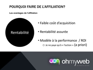 POURQUOI FAIRE DE L’AFFILIATION?
Les avantages de l’affiliation
Rentabilité
• Faible coût d’acquisition
• Rentabilité assurée
• Modèle à la performance / ROI
o Je ne paye qu’à « l’action » (a priori)
 