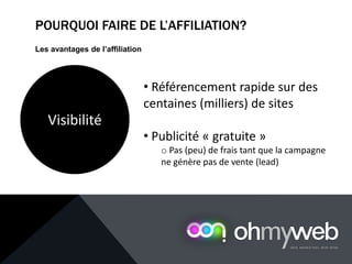 POURQUOI FAIRE DE L’AFFILIATION?
Les avantages de l’affiliation
Visibilité
• Référencement rapide sur des
centaines (milliers) de sites
• Publicité « gratuite »
o Pas (peu) de frais tant que la campagne
ne génère pas de vente (lead)
 