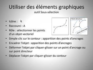 Utiliser des éléments graphiques 
outil Sous-sélection 
• Icône : 
• Raccourci : A 
• Rôle : sélectionner les points 
d’un objet vectoriel 
• Simple clic sur le contour : apparition des points d’ancrages 
• Encadrer l’objet : apparition des points d’ancrages 
• Déformer l’objet par cliquer-glisser sur un point d’ancrage ou 
sur point directeur 
• Déplacer l’objet par cliquer-glisser du contour 
15 
Point directeur 
 