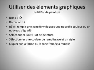 Utiliser des éléments graphiques 
outil Pot de peinture 
• Icône : 
• Raccourci : K 
• Rôle : remplir une zone fermée avec une nouvelle couleur ou un 
nouveau dégradé 
• Sélectionner l'outil Pot de peinture. 
• Sélectionner une couleur de remplissage et un style 
• Cliquer sur la forme ou la zone fermée à remplir. 
27 
 