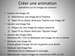 Créer une animation 
opérations sur les Images du scénario 
• Insérer une Image-clé 
1) Sélectionner une Image de la Timeline 
2) Taper F6 ou cliquer droit puis "Insérer une image clé" 
• Ajouter une Image fixe 
1) Cliquer sur une Image du calque concerne. 
2) Taper F5 ou cliquer droit puis "Ajouter image" 
• Ajouter des Images fixes 
Maintenir Alt + Ctrl en déplaçant une Image-clé vers la droite 
• Déplacer une Image clé 
Cliquer glisser l’Image clé vers la gauche ou la droite. 
• Déplacer une Image fixe 
Maintenir Ctrl en déplaçant le rectangle. 
• Sélectionner +sieurs Images en maintenant Shift ou Ctrl. 41 
Tp7 
 