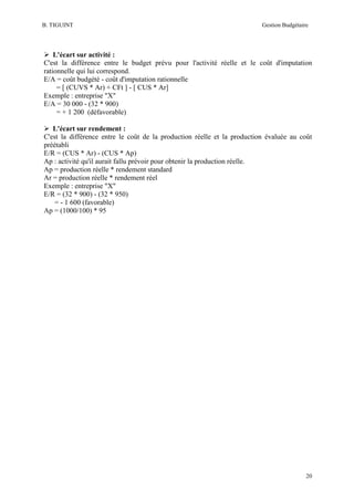 B. TIGUINT

Gestion Budgétaire

L'écart sur activité :
C'est la différence entre le budget prévu pour l'activité réelle et le coût d'imputation
rationnelle qui lui correspond.
E/A = coût budgété - coût d'imputation rationnelle
= [ (CUVS * Ar) + CFt ] - [ CUS * Ar]
Exemple : entreprise "X"
E/A = 30 000 - (32 * 900)
= + 1 200 (défavorable)
L'écart sur rendement :
C'est la différence entre le coût de la production réelle et la production évaluée au coût
préétabli
E/R = (CUS * Ar) - (CUS * Ap)
Ap : activité qu'il aurait fallu prévoir pour obtenir la production réelle.
Ap = production réelle * rendement standard
Ar = production réelle * rendement réel
Exemple : entreprise "X"
E/R = (32 * 900) - (32 * 950)
= - 1 600 (favorable)
Ap = (1000/100) * 95

20

 