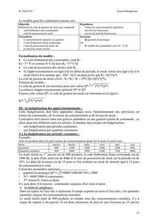 B. TIGUINT

Gestion Budgétaire

Le modèle peut être schématisé comme suit :
Objectifs
Minimiser le coût de gestion du stock qui comprend :
- coût d'obtention des commandes
- coût de possession du stock
Paramètres
- C consommation annuelle en quantité
- f coût d'obtention d'une commande
- t taux de possession du stock /an
- p coût d'un article stocké

Hypothèses
- ventes ou consommations régulières
- docilité du fournisseur
- unicité du tarif du fournisseur
Inconnus
- Q quantité économique
Ou
- N nombre de commandes avec N = C/Q

Formalisation du modèle :
• Le coût d'obtention des commandes, noté K1
K1= f * N et comme N=C/Q alors K1 =f * C/Q
• Le coût de possession des stocks, noté K2
• Si l'approvisionnement est égal à Q en début de période, le stock initial sera égal à Q et le
stock final à 0 et sachant que : SM = Q/2, on peut écrire que K2 =Q/2*p*t
Le coût de gestion du stock s'écrit : K1+K2 =K = (f*C/Q)+(Q/2*p*t).
Solution du modèle :
Le coût de gestion K est minimum pour une valeur Q*= 2*C*f/p*t
La cadence d'approvisionnement optimale N*=C/Q*
Et pour cette valeur Q*, le coût de gestion du stock est minimum et est égal à :
K*=

2*C*p*t*f

III - la budgétisation des approvisionnements :
Cette budgétisation doit faire apparaître chaque mois l'échelonnement des prévisions en
termes de commandes, de livraison, de consommation et de niveau de stock.
L'entreprise doit choisir entre une gestion calendaire ou une gestion à point de commande : ce
choix peut être différent selon les articles. Il entraîne deux modes de budgétisation :
- une budgétisation par périodes constantes,
- une budgétisation par quantités constantes.
3-1 La budgétisation par périodes constantes :
Exemple :
Soit un produit dont les prévisions de consommation pour les 6 mois à venir sont :
Mois
Quantités
Quantités cumulées

janvier
800
800

février
1200
2000

mars
1800
3800

avril
2400
6200

mai
1000
7200

juin
800
8000

Le stock initial au 1er janvier est de 800 produits, le coût d'obtention d'une commande est de
1000 dh, le prix d'une unité est de 40dh et le taux de possession du stock sur la période est de
10%. Le délai de livraison est de 15 jours et l'on souhaite un stock de sécurité égal à 15 jours
de consommation à venir.
Calcul des paramètres optimaux :
- quantité économique Q*= 2*8000*1000/40*10%=2000
- N*= 8000/2000=4 commandes .
- T*=6mois/4=1mois et demi.
Il y aura donc 4 livraisons - commandes espacées d'un mois et demi.
a- la méthode graphique :
Dans un repère où l'axe des x représente le temps exprimé en mois et l'axe des y les quantités
cumulées, traçons les consommations cumulées.
Le stock initial étant de 800 produits, et compte tenu des consommations cumulées, il y a
risque de rupture à fin janvier. Il est donc nécessaire de prévoir une livraison au 15 janvier

23

 
