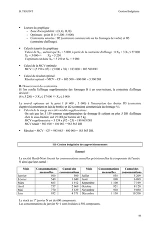 B. TIGUINT

Gestion Budgétaire

Lecture du graphique
- Zone d'acceptabilité : (O, G, H, B)
- Optimum : point H (≈ 5 200 ; 5 000)
- Contraintes saturées : D2 (contrainte commerciale sur les fromages de vache) et D5
(contrainte d'affinage).
Calculs à partir du graphique
Valeur de XB , sachant que XV = 5 000, à partir de la contrainte d'affinage : 8 XB + 3 XV ≤ 57 000
XV = 5 000=>
XB = 5 250
L'optimum est donc XB = 5 250 et XV = 5 000
Calcul de la MCV optimale
MCV = (5 250 x 82) + (5 000 x 38) + 183 000 = 803 500 DH
Calcul du résultat optimal
Résultat optimal = MCV – CF = 803 500 – 800 000 = 3 500 DH
B. Desserrement des contraintes
Si l'on confie l'affinage supplémentaire des formages B à un sous-traitant, la contrainte d'affinage
devient :
XV ≤ 5 000
(8 x 5 250) + 3 XV ≤ 57 000
Le nouvel optimum est le point I (8 409 ; 5 000) à l'intersection des droites D3 (contrainte
d'approvisionnement en lait de brebis) et D2 (contrainte commerciale du fromage V).
Calculs de la marge sur coût variable supplémentaire
On sait que les 3 159 tommes supplémentaires de fromage B coûtent en plus 5 DH d'affinage
chez le sous-traitant, soit 25 DH par tomme de 5 kg.
MCV supplémentaire = 3 159 x (82 – 25) = 180 063 DH
MCV totale = 803 500 + 180 063 = 983 563 DH
Résultat = MCV – CF = 983 063 – 800 000 = 183 563 DH.

III- Gestion budgétaire des approvisionnements

Énoncé
La société Handi-Niort fournit les consommations annuelles prévisionnelles de composants de l'année
N ainsi que leur cumul :
Mois
Janvier
Février
Mars
Avril
Mai
Juin

Consommations
Cumul des
Mois
mensuelles
consommations
500
500 Juillet
549
1 049 Août
863
1 912 Septembre
757
2 669 Octobre
770
3 439 Novembre
932
4 371 Décembre

Consommations
Cumul des
mensuelles
consommations
838
5 209
890
6 099
1 100
7 199
921
8 120
930
9 050
1 150
10 200

Le stock au 1er janvier N est de 600 composants.
Les consommations de janvier N+1 sont évaluées à 550 composants.

46

 