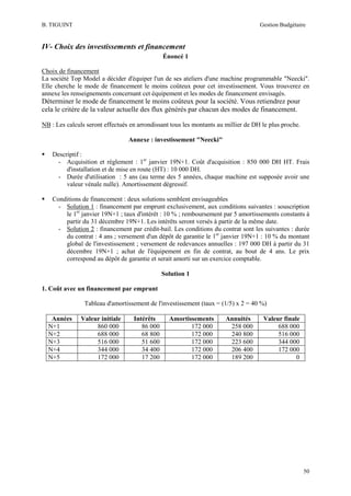 B. TIGUINT

Gestion Budgétaire

IV- Choix des investissements et financement
Énoncé 1
Choix de financement
La société Top Model a décider d'équiper l'un de ses ateliers d'une machine programmable "Neecki".
Elle cherche le mode de financement le moins coûteux pour cet investissement. Vous trouverez en
annexe les renseignements concernant cet équipement et les modes de financement envisagés.

Déterminer le mode de financement le moins coûteux pour la société. Vous retiendrez pour
cela le critère de la valeur actuelle des flux générés par chacun des modes de financement.
NB : Les calculs seront effectués en arrondissant tous les montants au millier de DH le plus proche.
Annexe : investissement "Neecki"
Descriptif :
- Acquisition et règlement : 1er janvier 19N+1. Coût d'acquisition : 850 000 DH HT. Frais
d'installation et de mise en route (HT) : 10 000 DH.
- Durée d'utilisation : 5 ans (au terme des 5 années, chaque machine est supposée avoir une
valeur vénale nulle). Amortissement dégressif.
Conditions de financement : deux solutions semblent envisageables
- Solution 1 : financement par emprunt exclusivement, aux conditions suivantes : souscription
le 1er janvier 19N+1 ; taux d'intérêt : 10 % ; remboursement par 5 amortissements constants à
partir du 31 décembre 19N+1. Les intérêts seront versés à partir de la même date.
- Solution 2 : financement par crédit-bail. Les conditions du contrat sont les suivantes : durée
du contrat : 4 ans ; versement d'un dépôt de garantie le 1er janvier 19N+1 : 10 % du montant
global de l'investissement ; versement de redevances annuelles : 197 000 DH à partir du 31
décembre 19N+1 ; achat de l'équipement en fin de contrat, au bout de 4 ans. Le prix
correspond au dépôt de garantie et serait amorti sur un exercice comptable.
Solution 1
1. Coût avec un financement par emprunt
Tableau d'amortissement de l'investissement (taux = (1/5) x 2 = 40 %)
Années
N+1
N+2
N+3
N+4
N+5

Valeur initiale
860 000
688 000
516 000
344 000
172 000

Intérêts
86 000
68 800
51 600
34 400
17 200

Amortissements
172 000
172 000
172 000
172 000
172 000

Annuités
258 000
240 800
223 600
206 400
189 200

Valeur finale
688 000
516 000
344 000
172 000
0

50

 