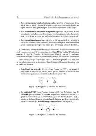 Tˆache i i < j Tˆache j
i j
di
Tˆache i
i < j
Tˆache j
i, di j, dj
104 Chapitre 7. L’ordonnancement de projets
• Les contraintes de localisation temporelle expriment la localisation d’une
tˆache dans le temps : une tˆache ne peut commencer avant une telle date, ou
apr`es une telle date (par exemple, en raison des conditions climatiques).
• Les contraintes de succession temporelle expriment les relations d’ant´e-
riorit´e entre les tˆaches : une tˆache ne peut commencer avant la ﬁn d’une autre
(par exemple, on ne coule pas les fondations avant la ﬁn du terrassement).
• Les contraintes disjonctives expriment le fait que deux tˆaches ne peuvent
avoir lieu en mˆeme temps sans que l’on puisse dire laquelle doit ˆetre effectu´ee
avant l’autre (par exemple, une mˆeme grue est utilis´ee sur deux chantiers).
Leprobl`emed’ordonnancementavecdescontraintesdelocalisationtemporelle
et de succession temporelle seulement est appel´e probl`eme central d’ordonnan-
cement. Il s’agit de d´eterminer le calendrier de d´ebut de chacune des tˆaches de
mani`ere `a terminer le chantier au plus vite en respectant les contraintes temporelles.
Nous allons voir que ce probl`eme utilise la notion de graphe, aussi bien pour
sa formulation que pour sa r´esolution. Il existe deux m´ethodes de r´esolution pour
ce probl`eme, `a savoir :
• la m´ethode du potentiel d´evelopp´ee en France en 1957 et qui associe `a
chaque tˆache un nœud du r´eseau, tandis que les relations d’ant´eriorit´e sont
repr´esent´ees par des arcs entre les tˆaches (voir ﬁgure 7.1);
Figure 7.1: Graphe de la m´ethode des potentiels.
• La m´ethode PERT (pour Program Evaluation Review Technique) s’est d´e-
velopp´ee, parall`element `a la m´ethode du potentiel, aux ´Etats-Unis en 1958
pour la planiﬁcation de la construction des sous-marins Polaris. Elle se
distingue de la m´ethode du potentiel par le fait que les tˆaches ne sont plus
associ´ees aux nœuds mais bien aux arcs du r´eseau (voir ﬁgure 7.2).
Figure 7.2: Graphe de la m´ethode des potentiels.
 