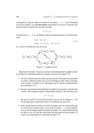 106 Chapitre 7. L’ordonnancement de projets
correspond `a la date de d´ebut de chantier et un nœud f = n + 1 qui correspond
`a la ﬁn de chantier. Les arcs du r´eseau repr´esentent les diverses contraintes qui
peuvent toutes se mettre sous la forme suivante
ti + di ≤ tj
en d´eﬁnissant d0 = 0. Le probl`eme central d’ordonnancement se formule donc
ainsi :
min tf (−t0)
s.c.q. ti + di ≤ tj, ∀(i, j) ∈ A
(7.4)
o`u A note l’ensemble des arcs du r´eseau.
0
12
543
210 1110
987
6
5
4
4
3
22
2
4
5
33
510
Figure 7.3: graphe associ´e.
Reprenons l’exemple. On peut construire syst´ematiquement le graphe associ´e
au probl`eme d’ordonnancement de la mani`ere suivante (voir ﬁgure 7.3) :
1. On relie d’abord toutes les tˆaches qui peuvent ˆetre effectu´ees sans pr´ealable
au nœud 0, d´ebut de chantier par un arc de longueur nulle. Dans l’exemple,
seule la tˆache 1 est dans ce cas. Remarquez qu’il s’agit de la repr´esentation
des contraintes (7.1).
2. Ensuite, on prend une tˆache d´ej`a dans le graphe et on examine si elle pr´ec`ede
d’autres. Par exemple, la tˆache 1 doit pr´ec´eder la tˆache 2. On doit donc avoir
t1 + d1 ≤ t2.
On trace le nœud 2 et on le relie au nœud 1 par un arc de longueur d1. On
fait de mˆeme pour repr´esenter toutes les contraintes de type (7.2).
3. Enﬁn, quand toutes les tˆaches sont dans le graphe, pour les seules tˆaches qui
ne sont suivies d’aucune autre, on les relie au nœud n + 1, ﬁn de chantier,
avec un arc de longueur ´egale `a la dur´ee de la tˆache. Ici, seule la tˆache ﬁnition
est dans ce cas, et il faut que cette tˆache soit ﬁnie pour la ﬁn du chantier. Il
s’agit ici de repr´esenter les contraintes du type (7.3).
 
