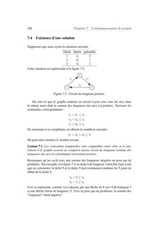 108 Chapitre 7. L’ordonnancement de projets
7.4 Existence d’une solution
Supposons que nous ayons la situation suivante.
Tˆache Dur´ee pr´ealable
1 d1 3
2 d2 1
3 d3 2
Cette situation est repr´esent´ee `a la ﬁgure 7.5.
3
2
1
d1 d2
d3
Figure 7.5: Circuit de longueur positive.
On voit ici que le graphe contient un circuit (cycle avec tous les arcs dans
le mˆeme sens) dont la somme des longueurs des arcs est positive. ´Ecrivons les
contraintes correspondantes :
t1 + d1 ≤ t2
t2 + d2 ≤ t3
t3 + d3 ≤ t1
En sommant et en simpliﬁant, on obtient la condition suivante :
d1 + d2 + d3 ≤ 0
On peut alors montrer le r´esultat suivant.
Lemme 7.1 Les contraintes temporelles sont compatibles entre elles si et seu-
lement si le graphe associ´e ne comporte aucun circuit de longueur (somme des
longueurs des arcs le constituant) strictement positive.
Remarquez qu’un cycle avec une somme des longueurs n´egative ne pose pas de
probl`eme. Par exemple, `a la ﬁgure 7.4, la tˆache 8 de longueur 3 doit ˆetre ﬁnie avant
que ne commence la tˆache 9 et la tˆache 9 doit commencer end´eans les 5 jours de
d´ebut de la tˆache 8 :
t8 + 3 ≤ t9
t9 − 5 ≤ t8
Ceci se repr´esente, comme vu ci-dessus, par une ﬂ`eche de 8 vers 9 de longueur 3
et une ﬂ`eche retour de longueur -5. Ceci ne pose pas de probl`eme, la somme des
“longueurs” ´etant n´egative.
 