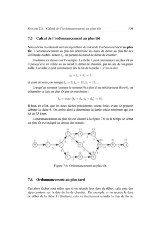 Section 7.5. Calcul de l’ordonnancement au plus tˆot 109
7.5 Calcul de l’ordonnancement au plus tˆot
Nous allons maintenant voir un algorithme de calcul de l’ordonnancement au plus
tˆot. L’ordonnancement au plus tˆot d´etermine les dates de d´ebut au plus tˆot des
diff´erentes tˆaches, not´ees ti, en partant du nœud de d´ebut de chantier.
Illustrons les choses sur l’exemple. La tˆache 1 peut commencer au plus tˆot en
0 puisqu’elle est reli´ee au au nœud 0, d´ebut de chantier, par un arc de longueur
nulle. La tˆache 2 peut commencer d`es la ﬁn de la tˆache 1, c’est-`a-dire
t2 = t1 + d1 = 5
et ainsi de suite, on marque t3 = 9, t4 = 11, t5 = 13, ...
Lorsqu’un sommet (comme le sommet 9) a plus d’un pr´ed´ecesseur (8 et 6), on
d´etermine la date au plus tˆot par un maximum :
t9 = max {t6 + d6, t8 + d8} = 16.
Il faut, en effet, que les deux tˆaches pr´ec´edentes soient ﬁnies avant de pouvoir
d´ebuter la tˆache 9. On arrive ainsi `a d´eterminer la dur´ee totale minimum qui est
ici de 35 jours.
L’ordonnancement au plus tˆot est illustr´e `a la ﬁgure 7.6 o`u le temps de d´ebut
au plus tˆot est indiqu´e au dessus des nœuds.
0
12
543
210 1110
987
6
5
4
4
3
22
2
4
5
33
510
0 0 5
9
9
11
11
12 16
13
353020
Figure 7.6: Ordonnancement au plus tˆot.
7.6 Ordonnancement au plus tard
Certaines tˆaches sont telles que si on retarde leur date de d´ebut, cela aura des
r´epercussions sur la date de ﬁn de chantier. Par exemple, si on retarde la date
de d´ebut de la tˆache 11 (ﬁnition), cela va directement retarder la date de ﬁn de
 